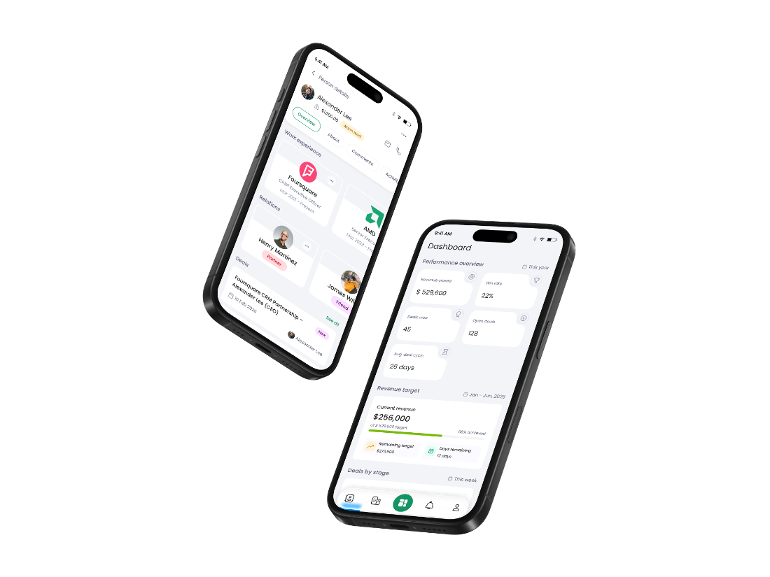 Two phones showing the Gain.io mobile app: a contact record for Alexander Lee with work experience, relations and an open deal, and the sales dashboard with revenue closed, win rate and progress against the revenue target